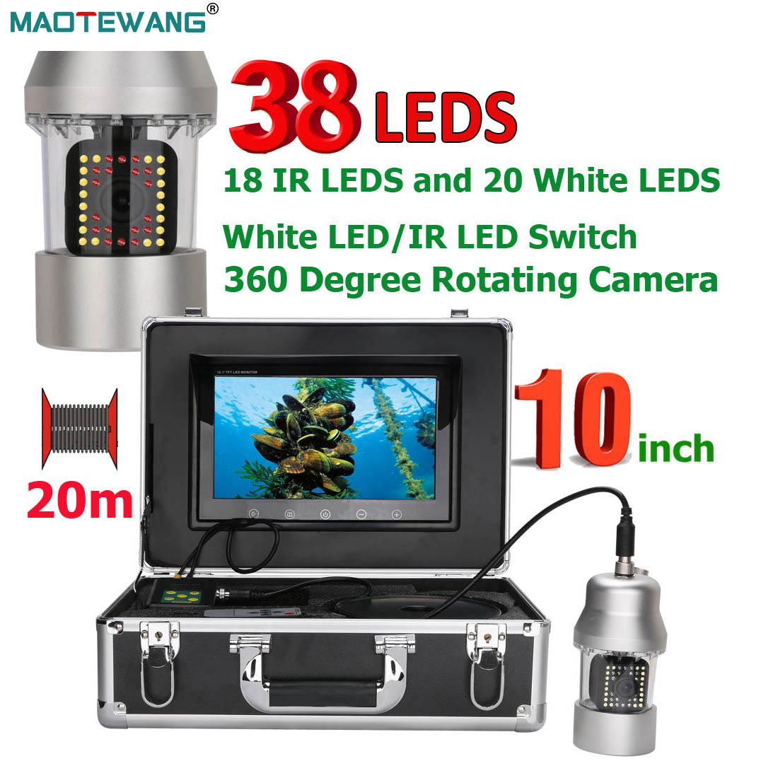 Fish Finder Cable - Mapotwang-水中釣りビデオカメラ、魚群探知機、IP68防水、38 leds、360度回転、10 