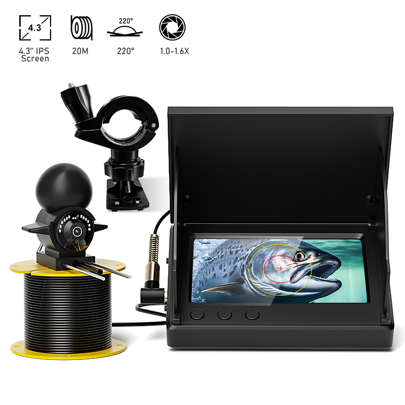 Fish Finder Portable - 4.3インチLCDポータブル魚群探知機、20m水中カメラ、水深220メートル対応 ° 夜間視界付きの湖氷魚観察用視野角調整機能